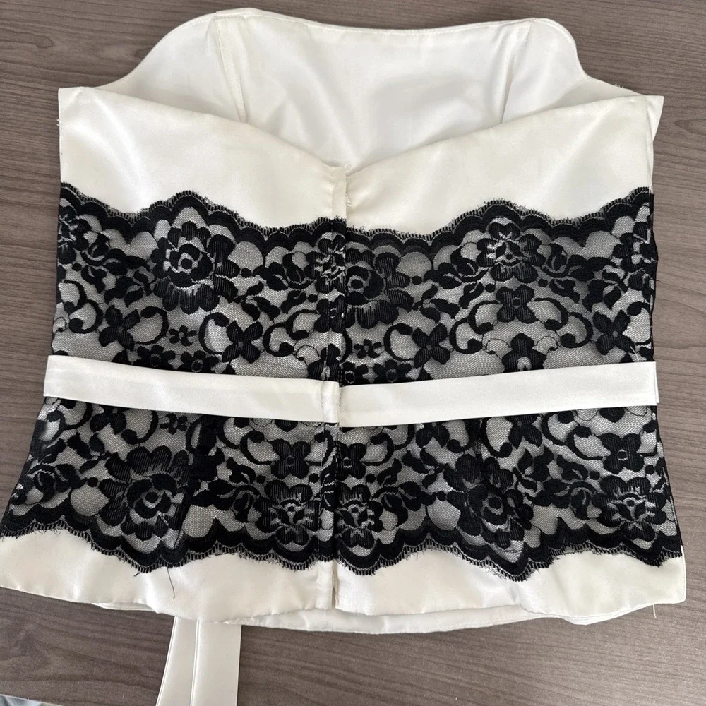 Alfred Angelo‎ Satin Corset Size 12 Black Ivory Lace Bow Feminine Sleeveless Zip